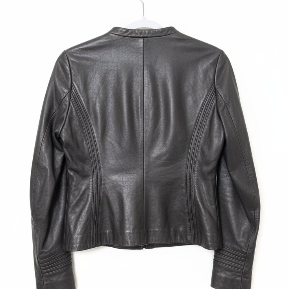 Tahari Dark Brown Genuine Leather Moto Jacket Women’s Medium – Zip Front - Picture 4 of 7
